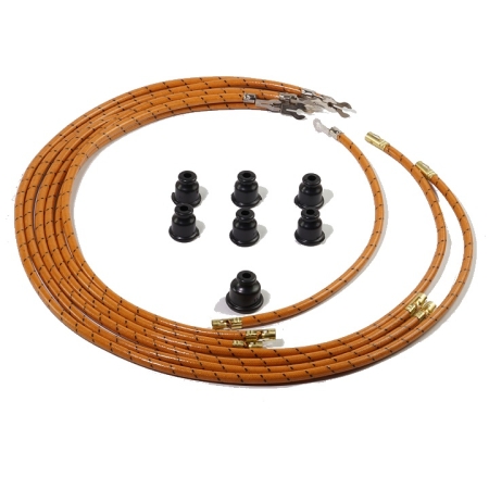 A 6-cylinder spark plug wire set in orange with black tracers with thrust terminals on one end and straight tension terminals on the other. The coil wire has a ring terminal on one end and a straight tension terminal on the other. Boots are shipped loose for on-site installation.