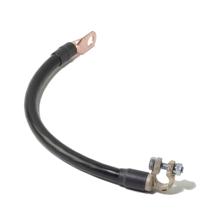 A black PVC battery cable with a 90-degree battery terminal and a straight lug.