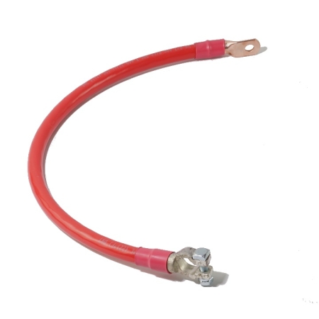 A red PVC battery cable with a straight battery terminal on one end and a straight lug on the other.