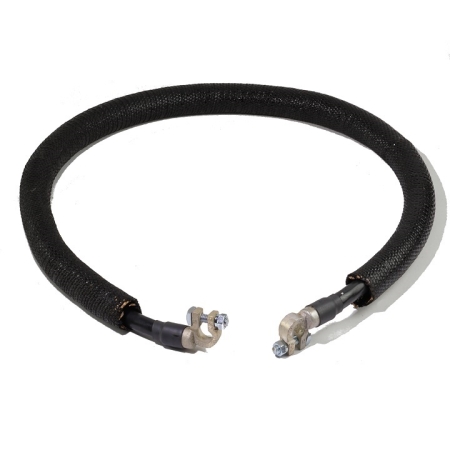 a black battery cable with loom on it and two 90-degree battery terminals