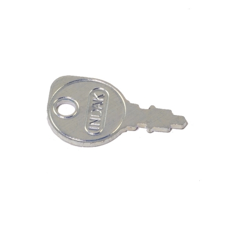 A small key against a white background with the word "Indak" stamped into it.