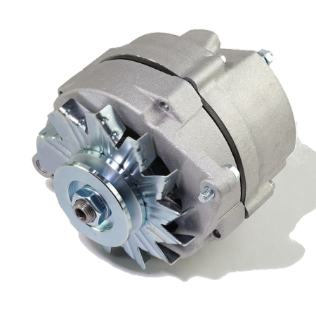 The alternator against a white background with the fan facing the bottom left of the image.