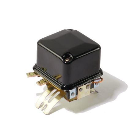 A black and brass voltage regulator against a white background