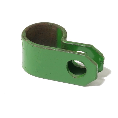 A green p-shaped clamp against a white background.