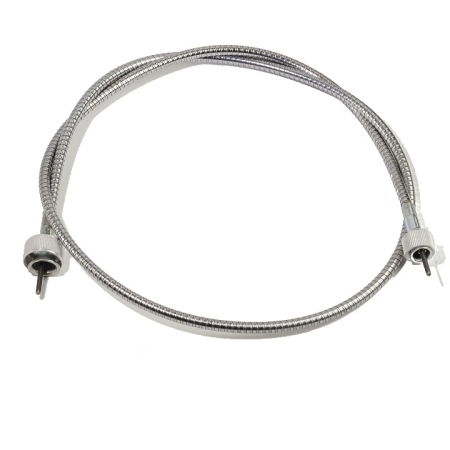 A metal-sheathed tachometer cable that is coiled once.