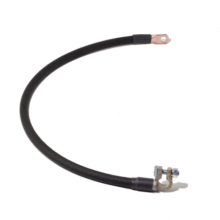 A black battery cable with a right angle battery terminal on one end and a lug on the other.