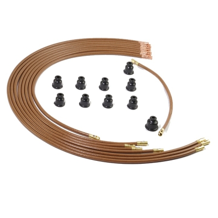 A brown 8-cylinder spark plug wire set with straight terminals on both ends. Boots are shipped separately for ease of installation.