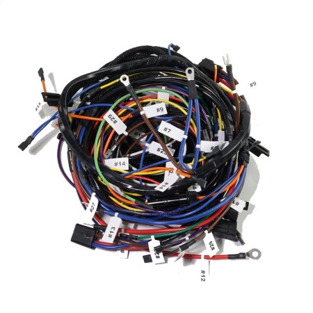 A nest of colorful wires against a white background.