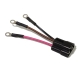 A black connector with a pink wire, a brown wire, and a black and gray wire, all three ending in ring spade terminals.