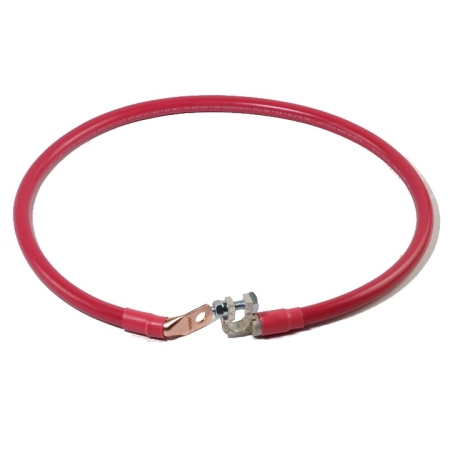 A shiny red cable with a right angle battery terminal on one end and a bent lug on the other end.