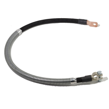 A black cotton-braided batter cable with a straight terminal on one end and a straight lug on the other end. The cable is armored.