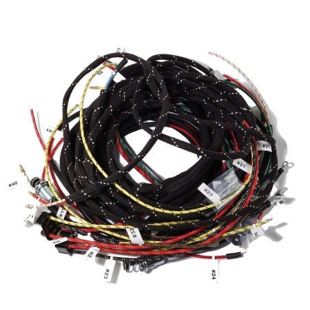 The complete harness - mostly black loom with white tracers with some visible red, yellow, and white wires with various tracers - coiled against a white background.