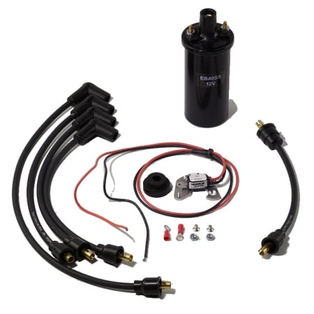 Electronic ignition kit, 12v ignition coil, and 4-cylinder suppression wire set.