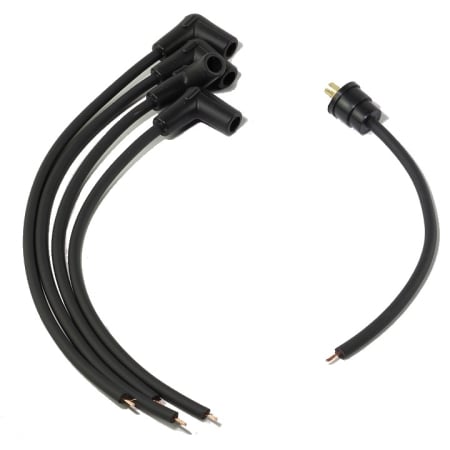 A 4-cylinder spark plug wire set with right angle spark plug boots and terminals. The other end is bare. The coil wire has a straight boot and terminal and a bare end.
