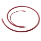 A red PVC battery cable with ring terminals on both ends as well as a trailing lead with another ring terminal.