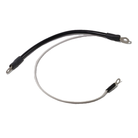 A black battery cable with ring terminals on both ends and a white trailing lead with a smaller ring terminal at the end.