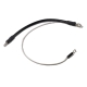 A black battery cable with ring terminals on both ends and a white trailing lead with a smaller ring terminal at the end.