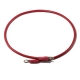 A shiny red cable with ring terminals on both ends.