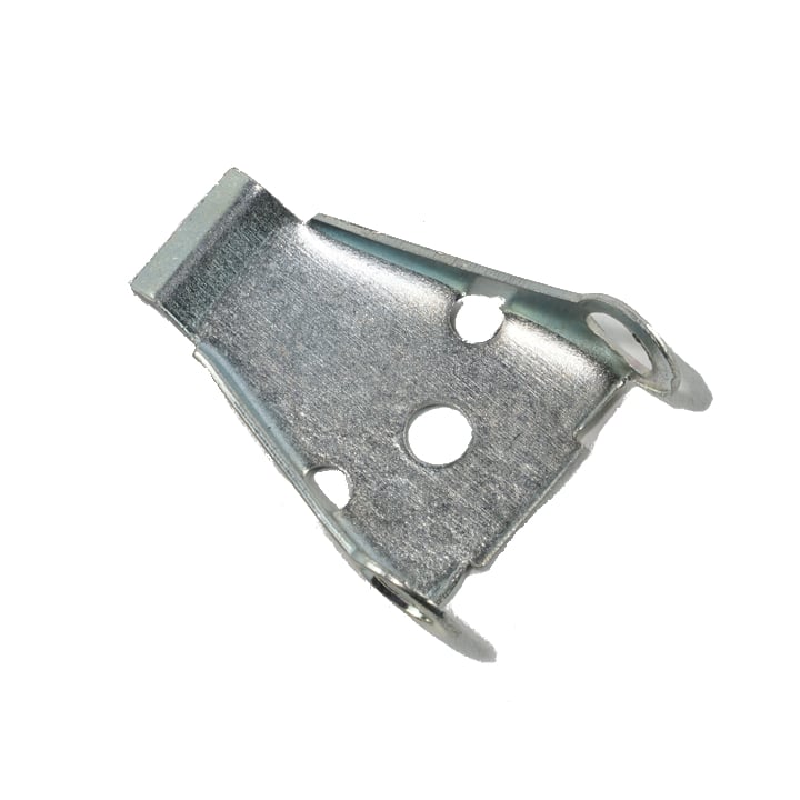 Metal generator brush arm bracket with mounting holes.