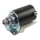 Black 12V starter motor with a metal drive gear and silver mounting bracket.